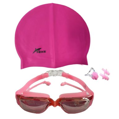 SET LENTES NATACIÓN FEIKE ROSADO HD PROTECCIÓN UV + GORRO SILICONA