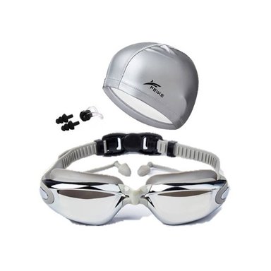 SET LENTES NATACIÓN FEIKE GRISES HD PROTECCIÓN UV + GORRO