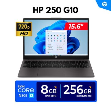 LAPTOP HP 250 G10 / 15.6' HD, LED / CORE I3-N305, 3.80GHZ, 8 NÚCLEOS / 8GB DDR4, 256GB SSD / FREEDOS