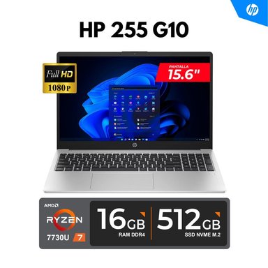 LAPTOP HP 255 G10 / 15.6' FHD / AMD RYZEN 7-7730U, 4.50GHZ, 8 NÚCLEOS / 16GB DDR4, 512GB SSD / FREEDOS