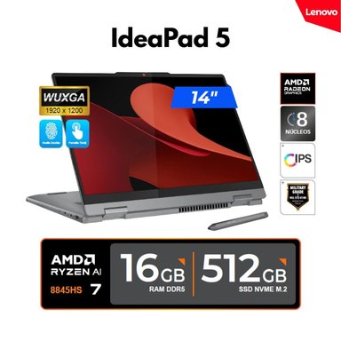 LAPTOP LENOVO IDEAPAD 5 - 2 EN 1 / 14' WUXGA, IPS,TOUCH RYZEN AI7-8845HS, 5.1GHZ / 16GB DDR5, 512GBSSD / FREEDOS