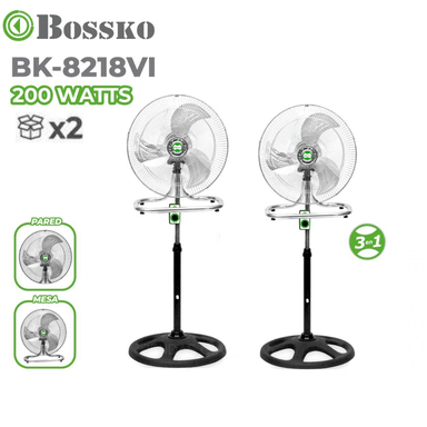 COMBO 2 VENTILADOR DE PIE BOSSKO BK-8218VI 200 WATTS 3 EN 1 METAL