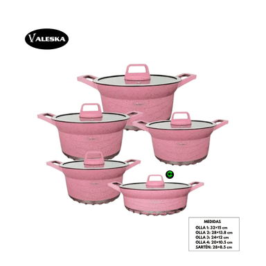 SET DE OLLAS ROCA VOLCÁNICA ANTIADHERENTE VALESKA VL-LET010 ROSADO 10 PIEZAS