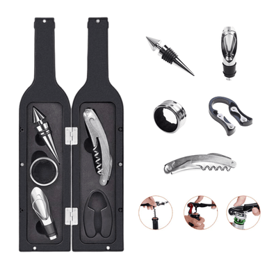 SET ACCESORIOS COCINA NEGRO VINO SACA CORCHO MULTIFUNCIONAL 5 PIEZAS ACERO INOXIDABLE
