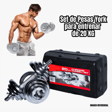 SET PESAS ACERO 20KG YORK MANCUERNAS ADADTADOR BARRA