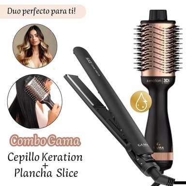COMBO PLANCHA ALISADORA GAMA KERA-2737 CABELLO SLICE + CEPILLO SECADOR KERATION 3D THERAPY