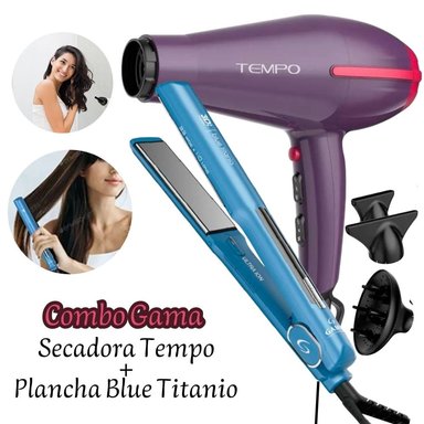 SECADORA GAMA DUO PROFESIONAL TEMPO MORADA 3D MÁS PLANCHA ALISADORA BLUE TITANIO 3D