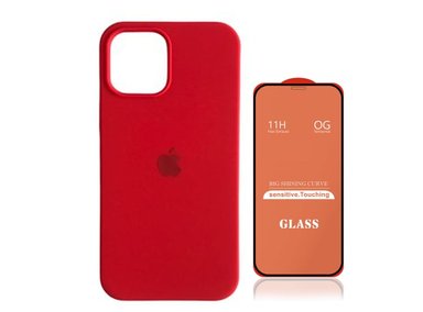 FUNDA SILICONE CASE PARA IPHONE 15 PRO ROJO + MICA DE VIDRIO 11D COMPLETO - 1