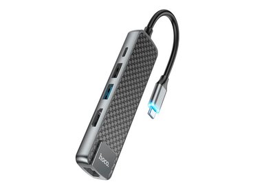 ADAPTADOR HOCO MULTIMEDIA HB23 TIPO C A HDMI /USB 3.0 /USB 2.0 / RJ45 - GRIS - 1