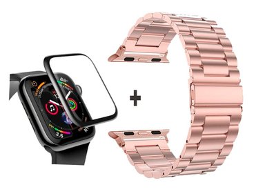 CORREA PARA APPLE WATCH 42MM METALICA ESLABON ROSA + MICA DE VIDRIO FULL GLUE 3D COMPLETO - 1
