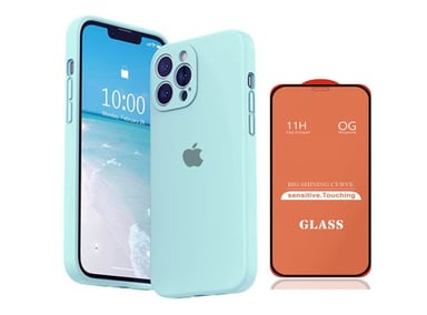 CASE IPHONE 15 PRO MAX SILICONA CON P/CÁMARA CELESTE BEBE + MICA DE VIDRIO COMPLETO - 1