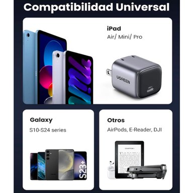 ADAPTADOR CARGADOR 20W MINI UGREEN CD318 USB-C GAN - GRIS - 5