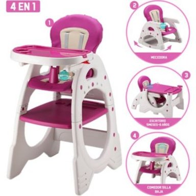 SILLA COMER 4 EN 1 ROSADO PARA BEBÉ ESCRITORIO MESA MECEDORA
