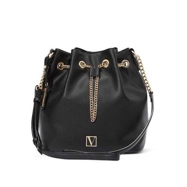 BOLSO VICTORIAS SECRET TIPO CUBO NEGRO CON DORADO