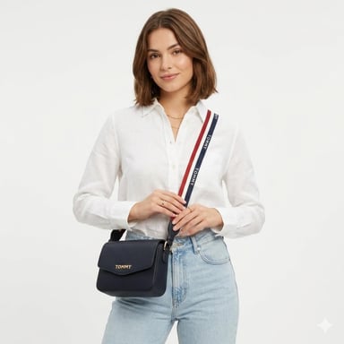 CARTERA CROSSBODY TOMMY HILFIGER NEGRO CON CINTA MONOGRAFIADA BLANCO Y ROJO - 2