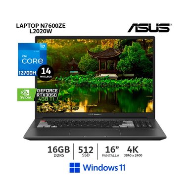LAPTOP ASUS N7600ZE-L2020W I7-12700H16GB RAM 512GB SSD VIDEO RTX-3050TI 4GBPANTALLA 16 WQUXGA