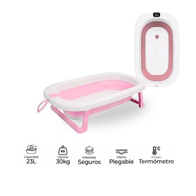 BAÑERA TINA PLEGABLE CON TERMÓMETRO ROSADO