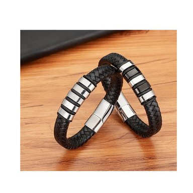 PULSERA CUERO HOMBRE Y ACERO INOXIDABLE BRAZALETE PLATEADO - 2