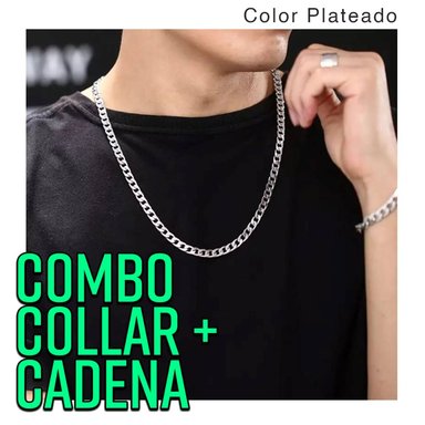 COLLAR Y PULSERA HOMBRE COMBO CADENA ACERO INOXIDABLE PLATEADO
