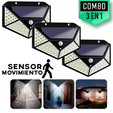 COMBO 3 LÁMPARA FOCO LUZ LED SOLAR NEGRO CON SENSOR MOVIMIENTO RECARGABLE