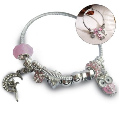 PULSERA PINK BUHO TIPO PANDORA PLATEADO ACERO - 1