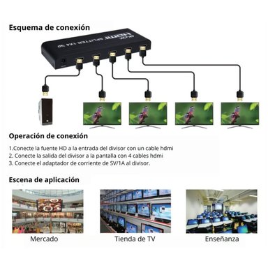 SPLITTER HDMI 1X4 4K 2K UHD FULL CON AUDIO 4 PANTALLAS AMPLIFICADOR - 3