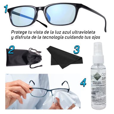 KIT LENTES PARA COMPUTADORA FILTRO AZUL + LIQUIDO LIMPIADOR PAÑO BOLSO - 1