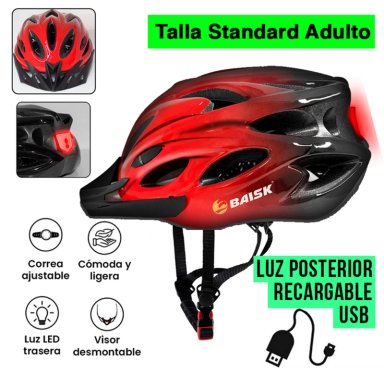 CASCO PARA BICICLETA CON LUZ RECARGABLE USB CICLISMO - ROJO