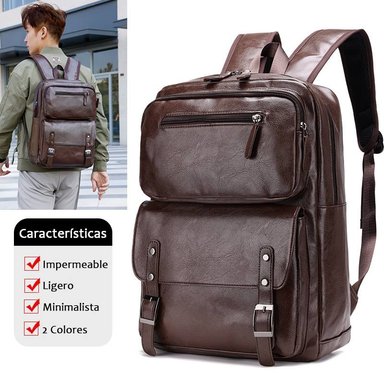 MOCHILA DE CUERO PU PARA HOMBRE CON PORTA LAPTOP MODA MARRÓN OSCURO - 2
