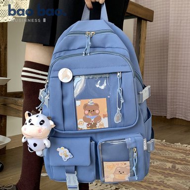 MOCHILA KAWAII COREANA CON ACCESORIOS PINES Y PELUCHE PARA MUJER NIÑAS ESTUDIANTE