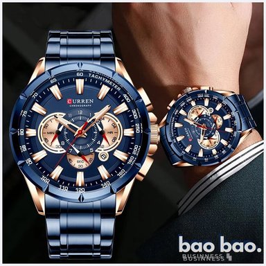 RELOJ HOMBRE CORREA METALICA AZUL ANÁLOGO CON CRONÓGRAFO MODA HOMBRE