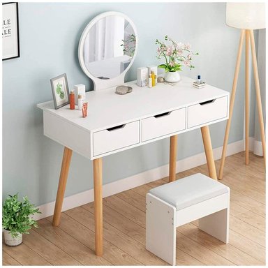 TOCADOR VENTITAS PERU LUNA BLANCO + ESPEJO + BANCO VINTAGE 3 CAJONES