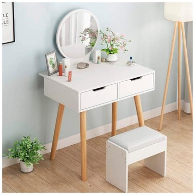 TOCADOR VENTITAS PERU LUNA BLANCO + ESPEJO + BANCO VINTAGE 2 CAJONES