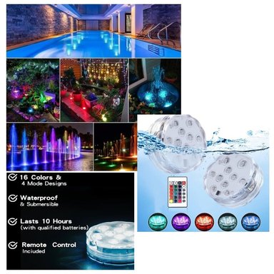 LUCES LED SUMERGIBLES PISCINA MULTICOLOR CONTROL REMOTO 16 COLORES