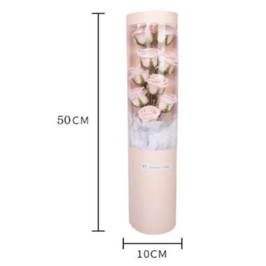 FLORERO ROSADO RAMO 9 FLORES PETALOS JABON PREMIUM ESTUCHE LUCES LED