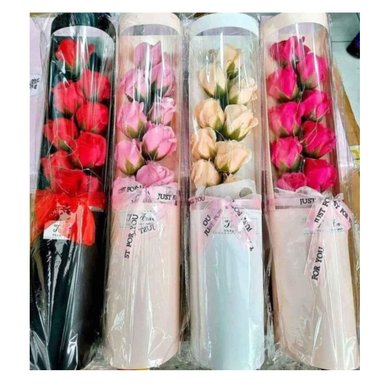 FLORERO FUCSIA RAMO 9 FLORES PETALOS JABON PREMIUM ESTUCHE LUCES LED