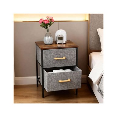 MESA DE NOCHE  ELEGANTE DE TELA Y MADERA CON  2 CAJONES