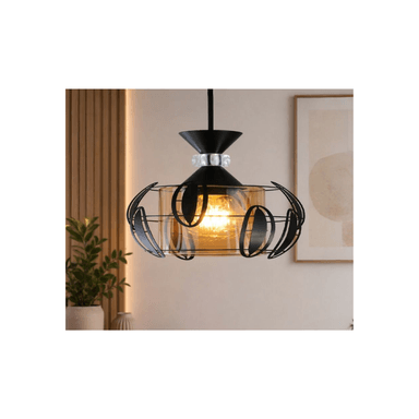 LÁMPARA LED COLGANTE CON VIDRIO ÁMBAR Y REJILLA DE HOJAS - 1