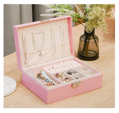 CAJA PORTA JOYERO ROSADO DOBLE ORGANIZADOR COFRE CON CLAVE