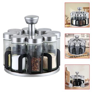 CONDIMENTERO PLATEADO GIRATORIO ESPECIERO 8 PIEZAS INOX CUADRADO