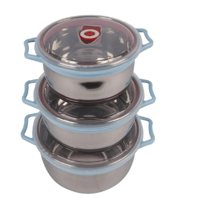 SET 3 CONTENEDOR O BOWL DE ACERO CON TAPA HERMÉTICA 14,16,18