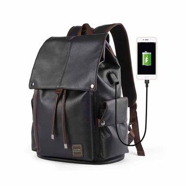 MOCHILA OEM BPL01 CUERO NEGRO IMPERMEABLE VINTAGE LAPTOP UNISEX CARGA USB