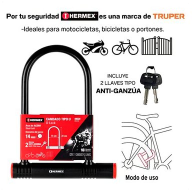 CANDADO TIPO U HERMEX ACERO BICICLETA MOTO SCOOTER PORTONES - 3