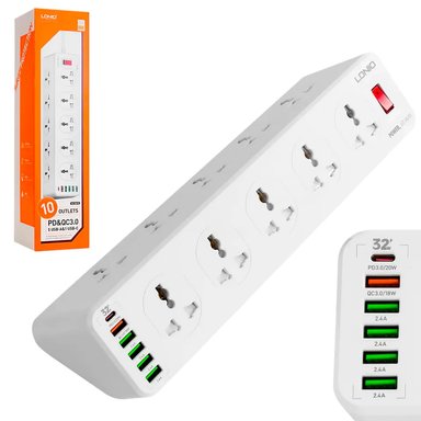 LDNIO - REGLETA DE 10 ENCHUFES + 4 USB PD 20W SC10610