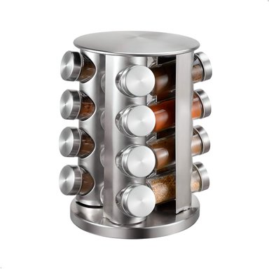 ORGANIZADOR DE CONDIMENTOS 16 POMOS DE VIDRIO ROTACION 360° PLATEADO
