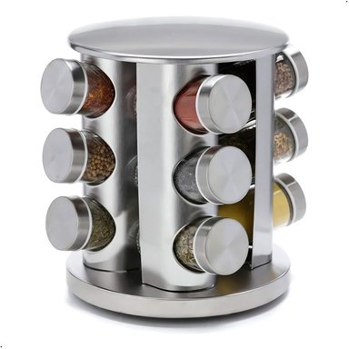 CONDIMENTERO GIRATORIO 360° 12 PIEZAS EN ACERO Y VIDRIO PLATEADO