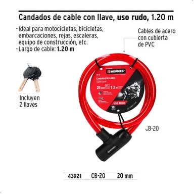 CADENA HERMEX CB-20 CANDADO PARA MOTO ESPESOR 20MM 1.2M - 2