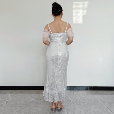 VESTIDO MUJER RINODERINA VT8268 ELEGANTES TELA ELASTICA LENTEJUELAS REGALO - 3