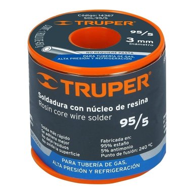 ROLLO DE ESTAÑO TRUPER 14367 SOLDADURA CON NÚCLEO RESINA 95/5 TUBERÍA DE GAS 450G