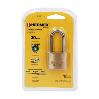 CANDADO DE LATÓN 30 MM ARCO LARGO HERMEX - 23516